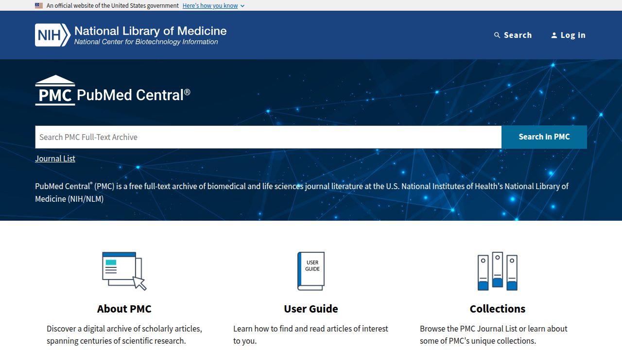 The homepage for PubMed Central, a source of biomedical and life sciences journal literature.