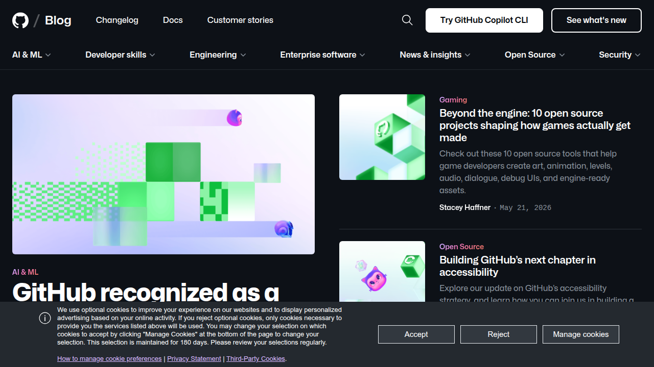 The homepage of the GitHub Blog, providing insights into developer skills and application development.