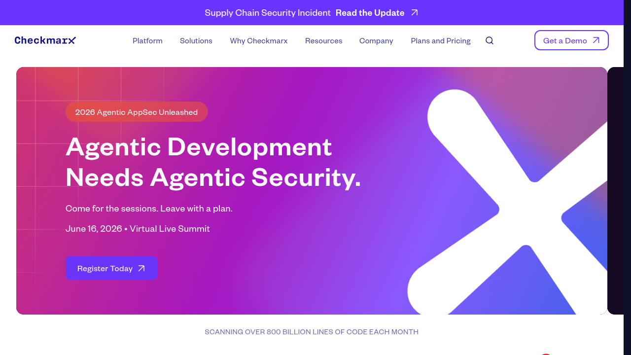 The homepage of Checkmarx, a company specializing in application security and developer tools.