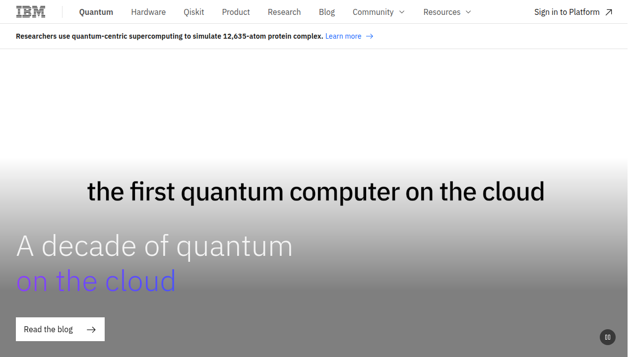 Screenshot of IBM's Quantum Computing homepage, showcasing their cloud-accessible quantum hardware and software.