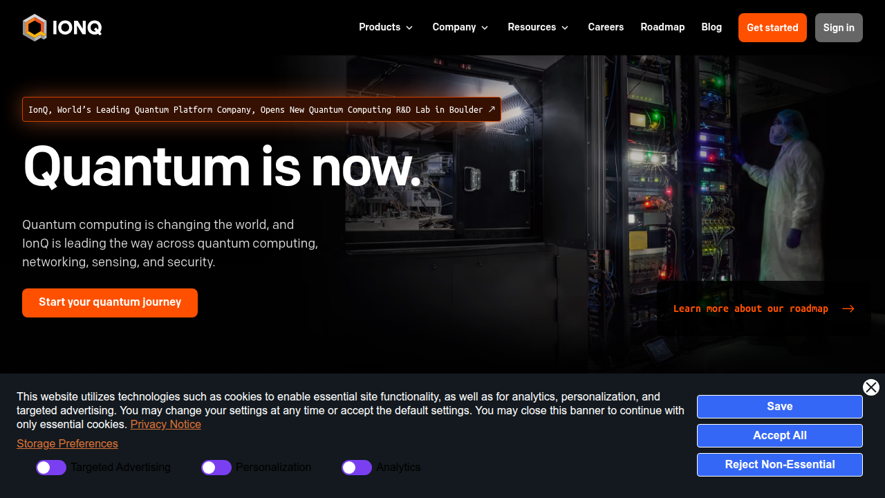 Screenshot of IonQ's website, highlighting their trapped ion quantum computing solutions and platform.