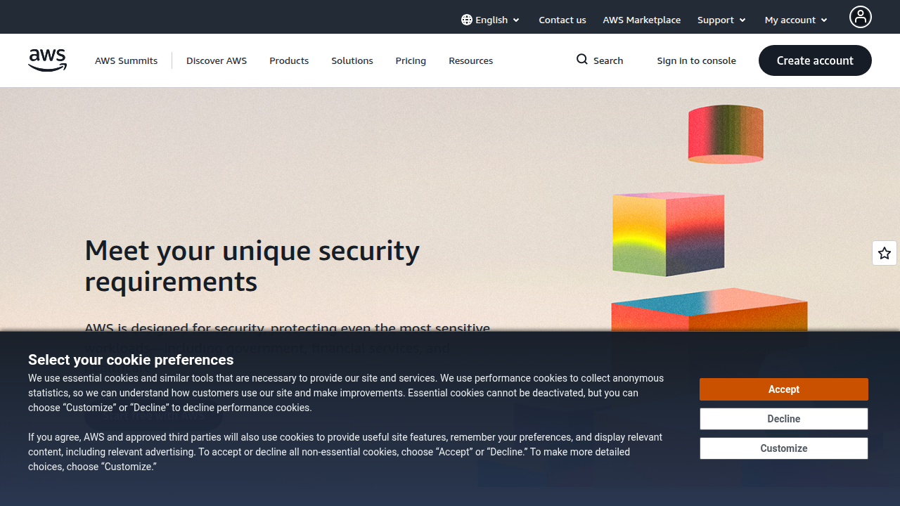A view of the Amazon Web Services (AWS) homepage, a hub for cloud architect certifications.