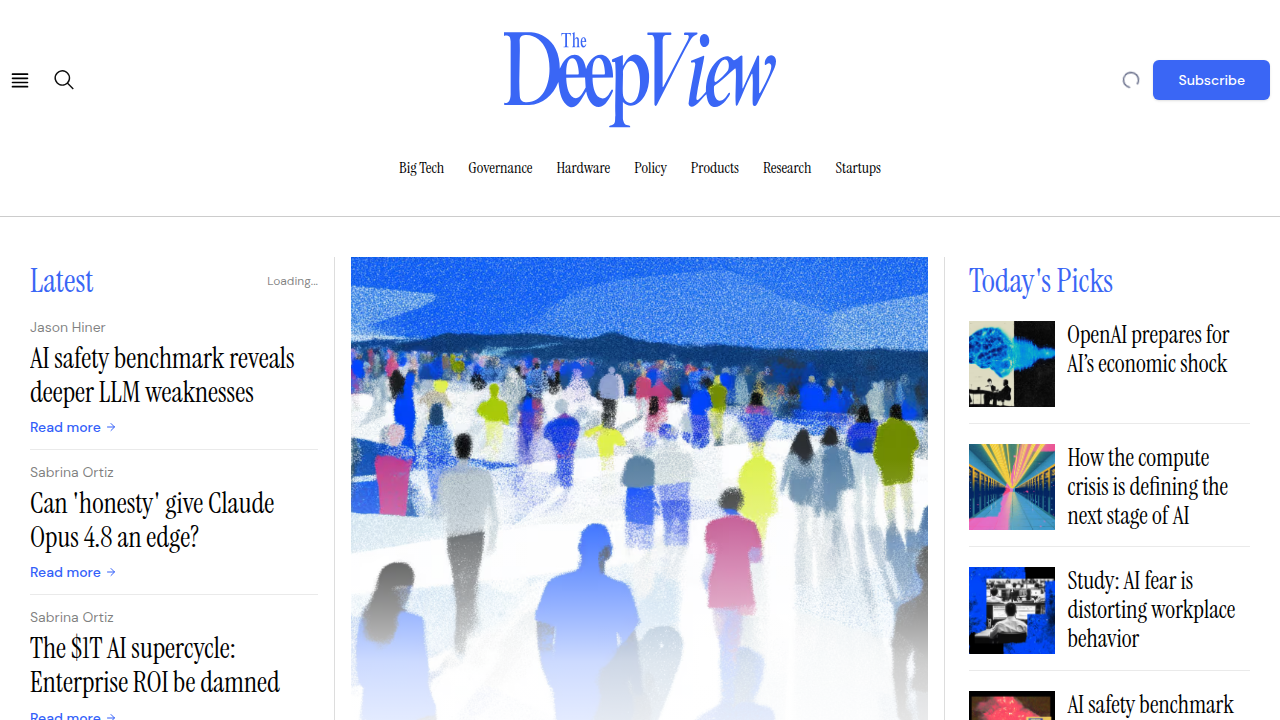 The homepage of The Deep View Newsletter, offering daily AI insights for professionals.