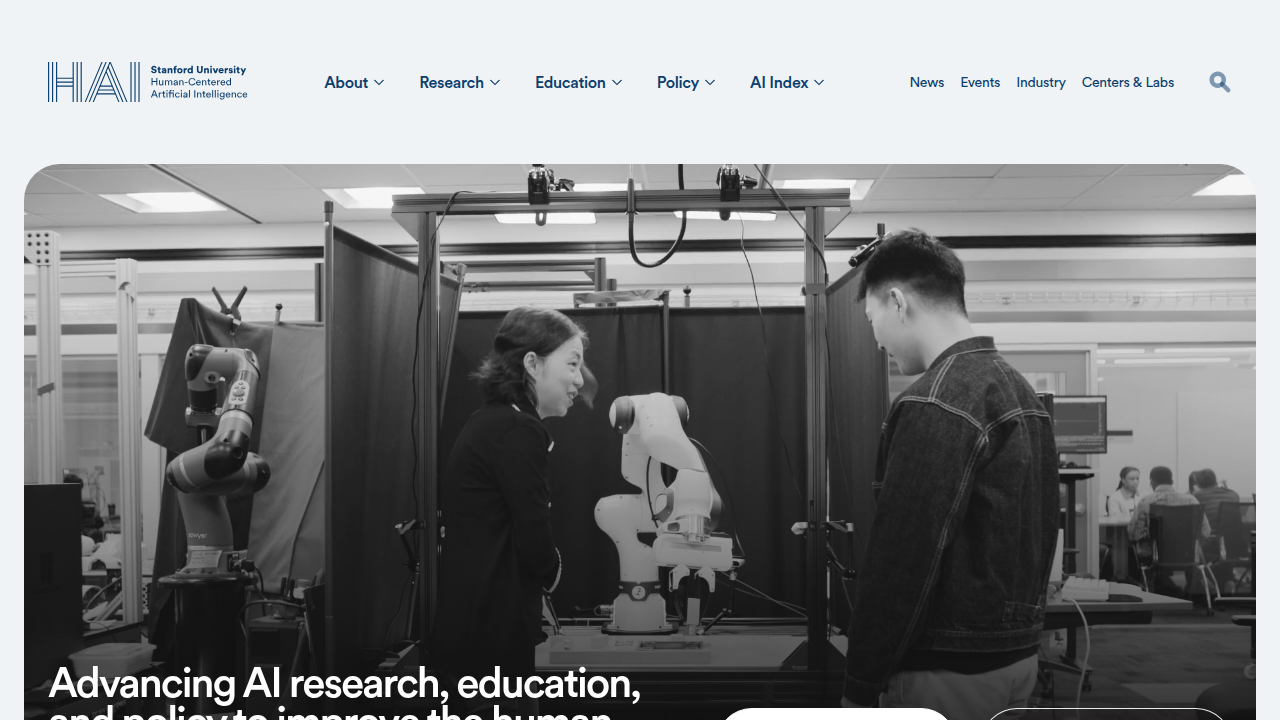 The homepage of the Stanford Institute for Human-Centered AI, publisher of the Stanford AI Index Report.