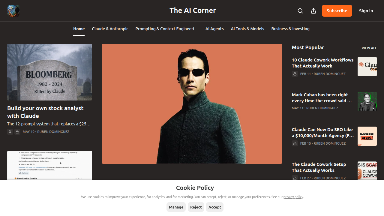 Screenshot of The AI Corner, a resource for updates on AI models like Claude.