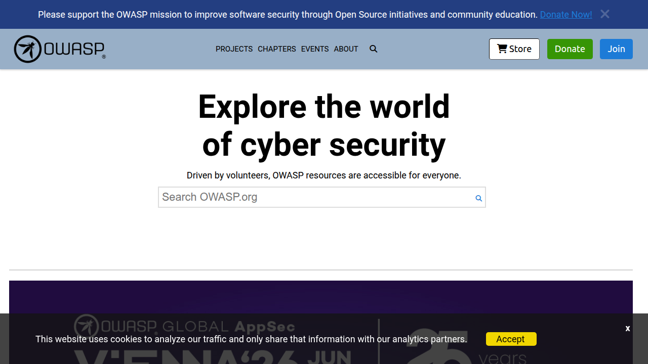 The homepage of the Open Web Application Security Project (OWASP), a key resource for web security guidelines.