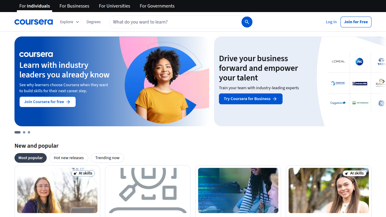 Coursera offers a wide range of online courses and certifications from universities and companies, including free options.
