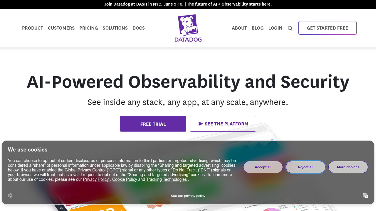 A screenshot of the Datadog homepage, showcasing its comprehensive monitoring and observability features for cloud environments.