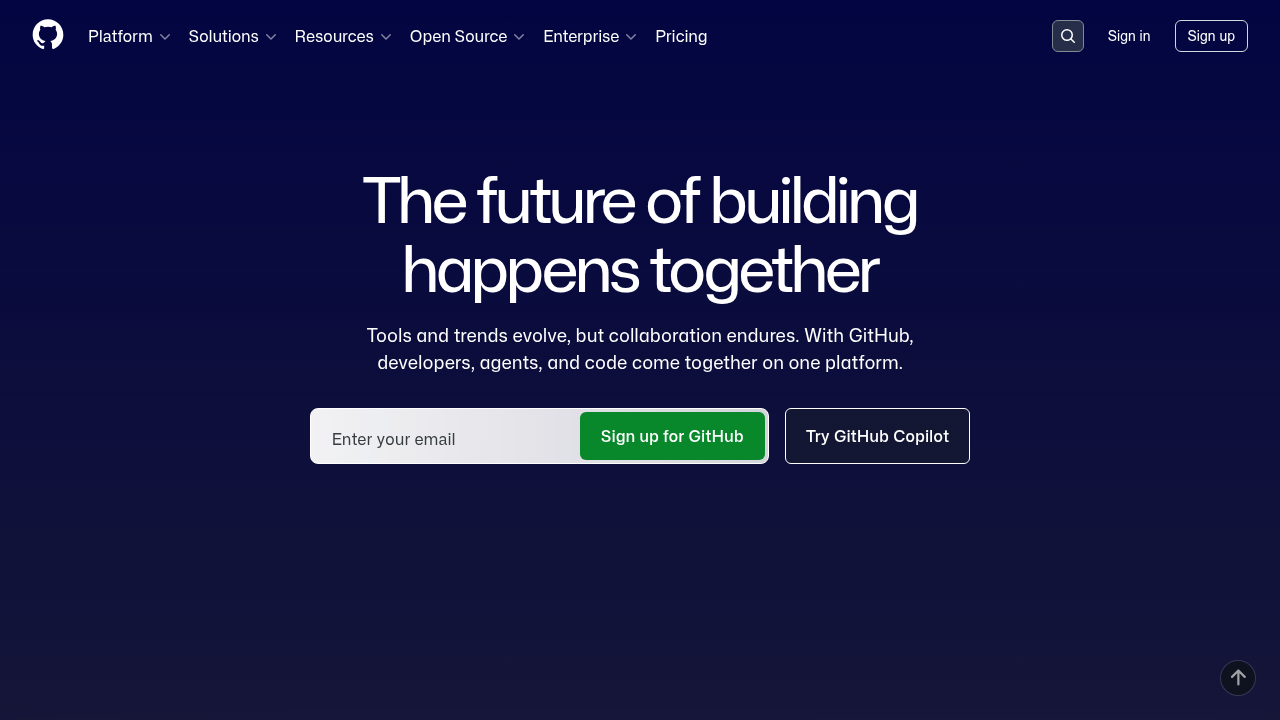 The homepage of GitHub, a popular Git forge where developers collaborate on code and manage versions.