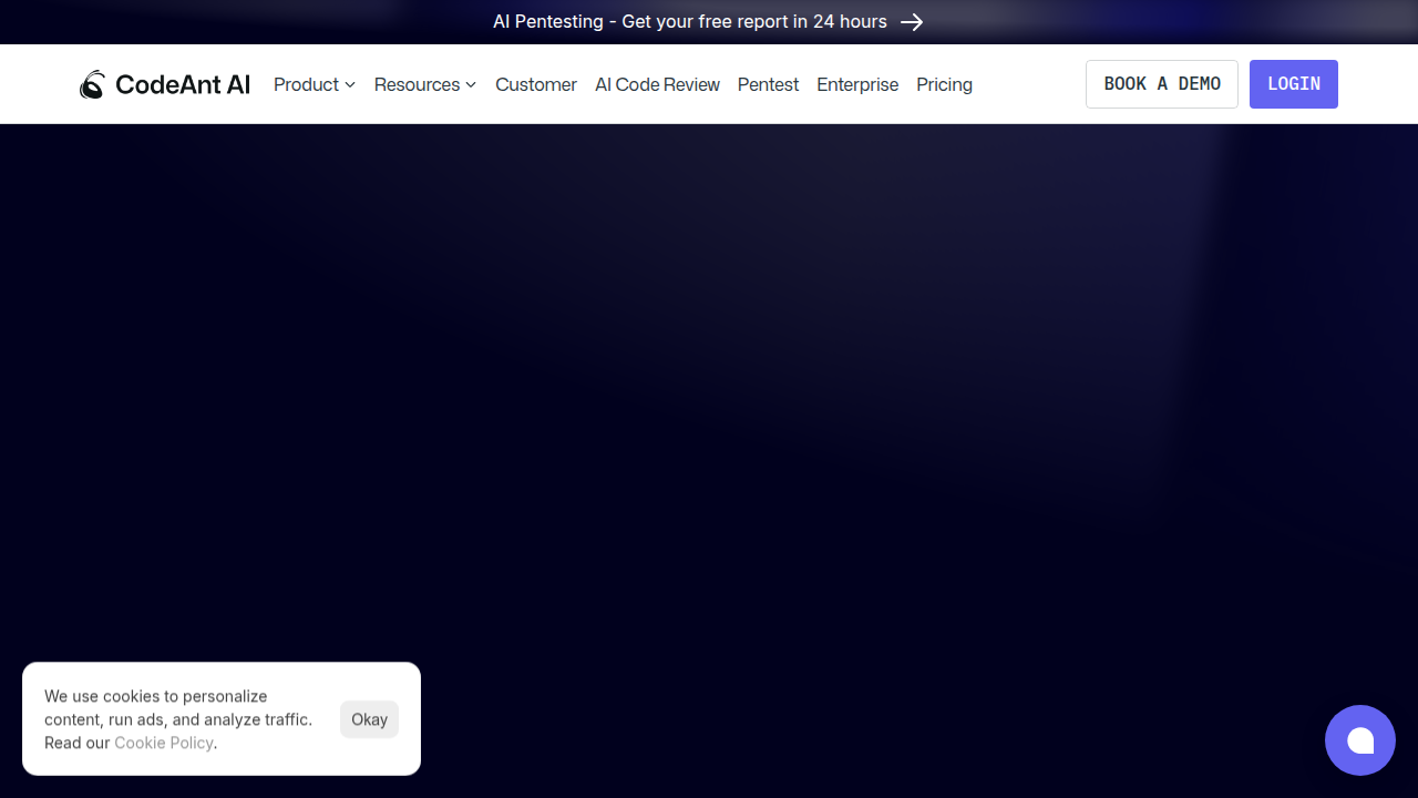 The homepage of CodeAnt AI, a platform focused on AI-assisted code review workflows for development teams.