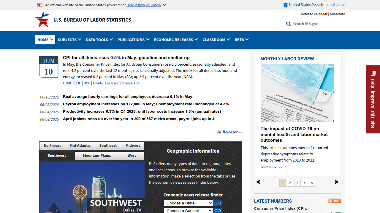 Screenshot of the Bureau of Labor Statistics website, providing data and outlook on careers like web development and digital design.