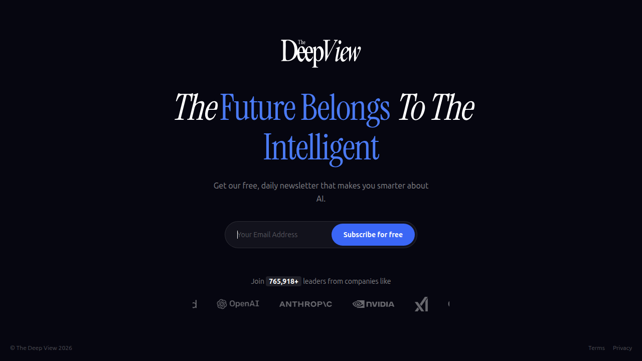 Screenshot of The Deep View newsletter's subscription page, offering daily updates on AI relevant to developers and technology professionals.