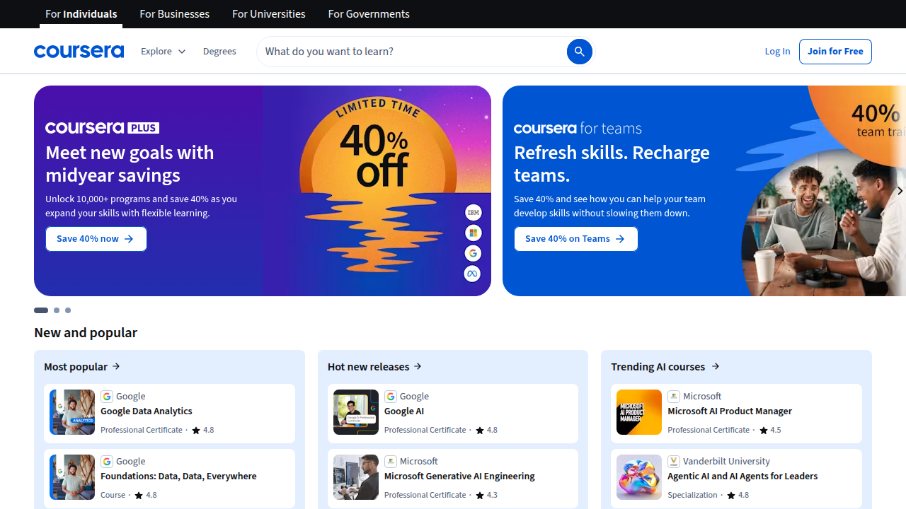 Coursera is a leading platform for online learning, offering courses and resources for skill development in tech roles.