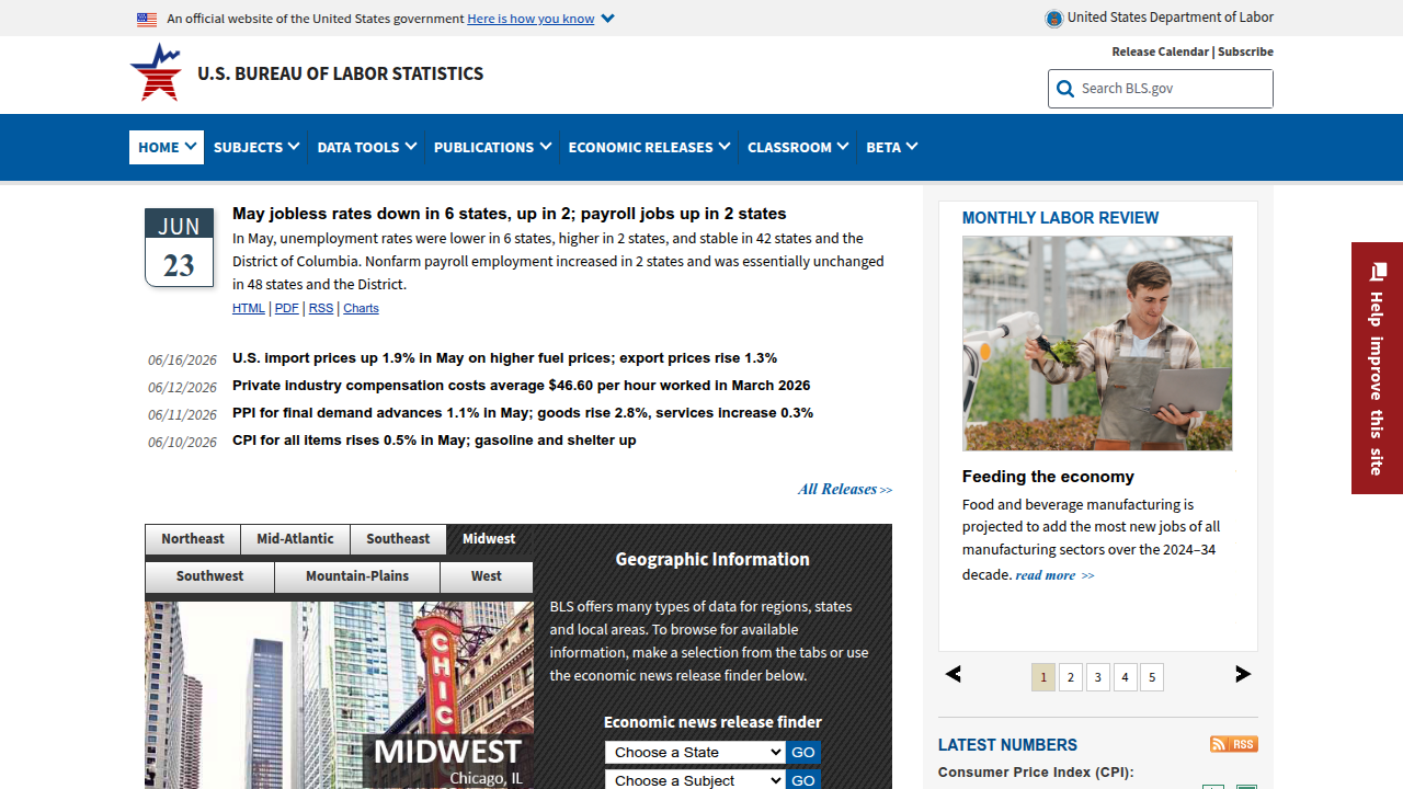 Screenshot of the Bureau of Labor Statistics homepage, a key source for employment data and projections in computer science.