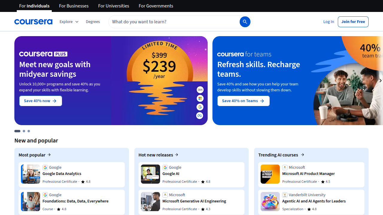 Screenshot of the Coursera homepage, illustrating an example of a leading MOOC platform for computer science education.