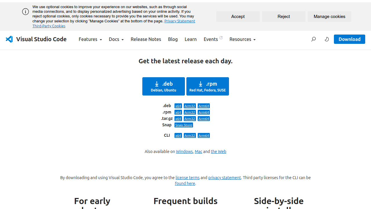 The official download page for Visual Studio Code Insiders, where developers can access nightly builds.