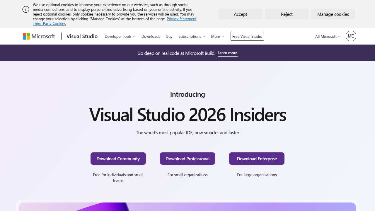 The official Microsoft page for Visual Studio Insiders, providing details on preview builds for the full IDE.