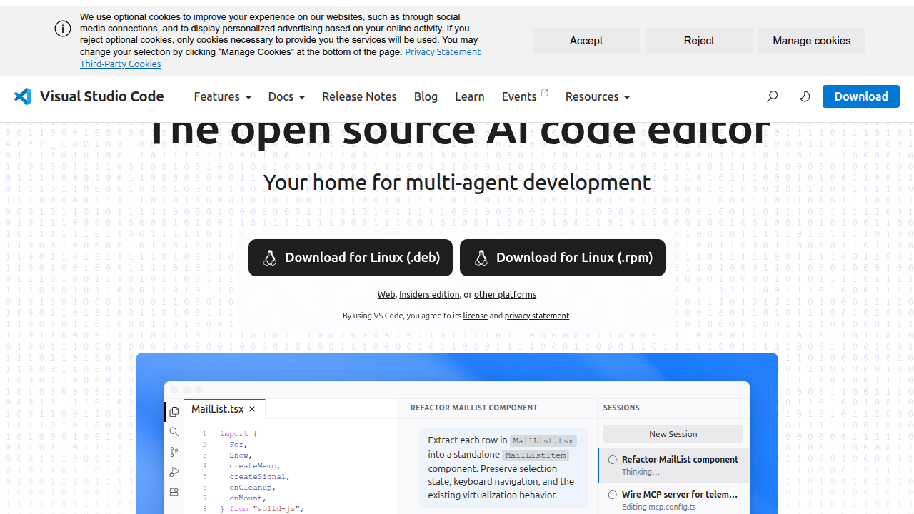 The official homepage for Visual Studio Code, highlighting its features and extensions.