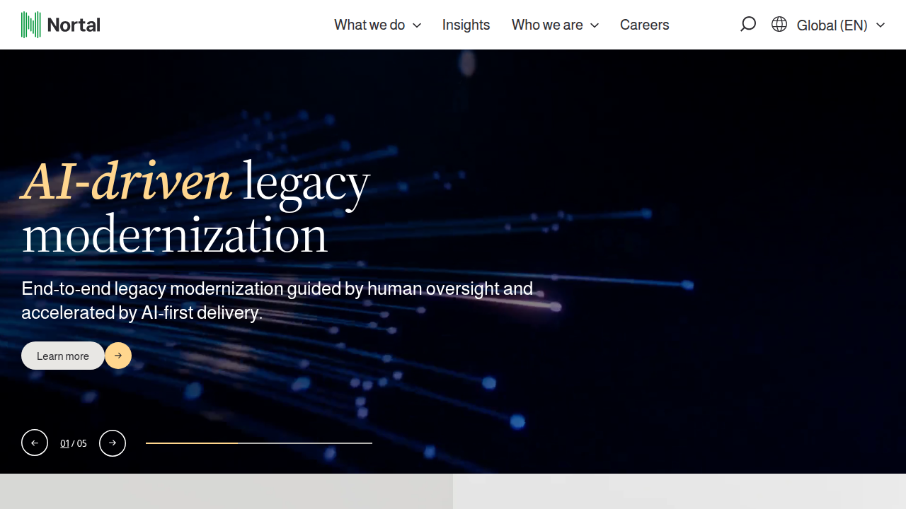 The homepage of Nortal, featuring insights on tech integration and digital transformation.