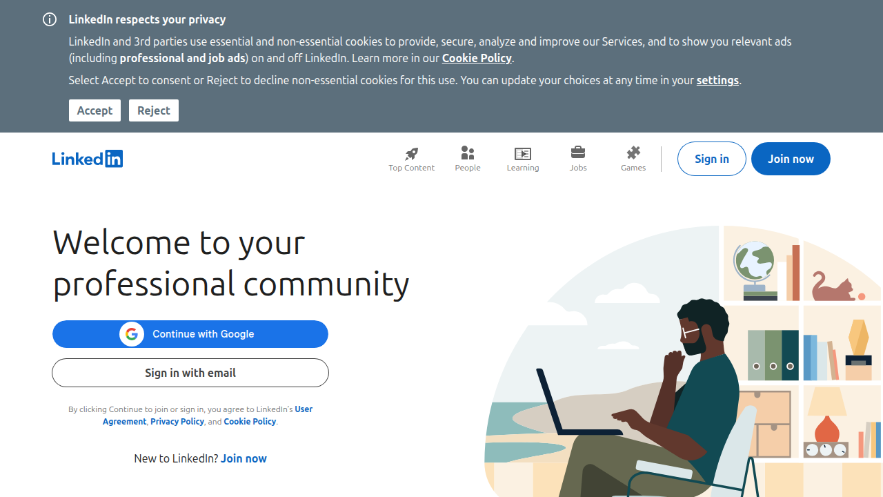 The homepage of LinkedIn, a professional networking platform often used for industry insights and articles.