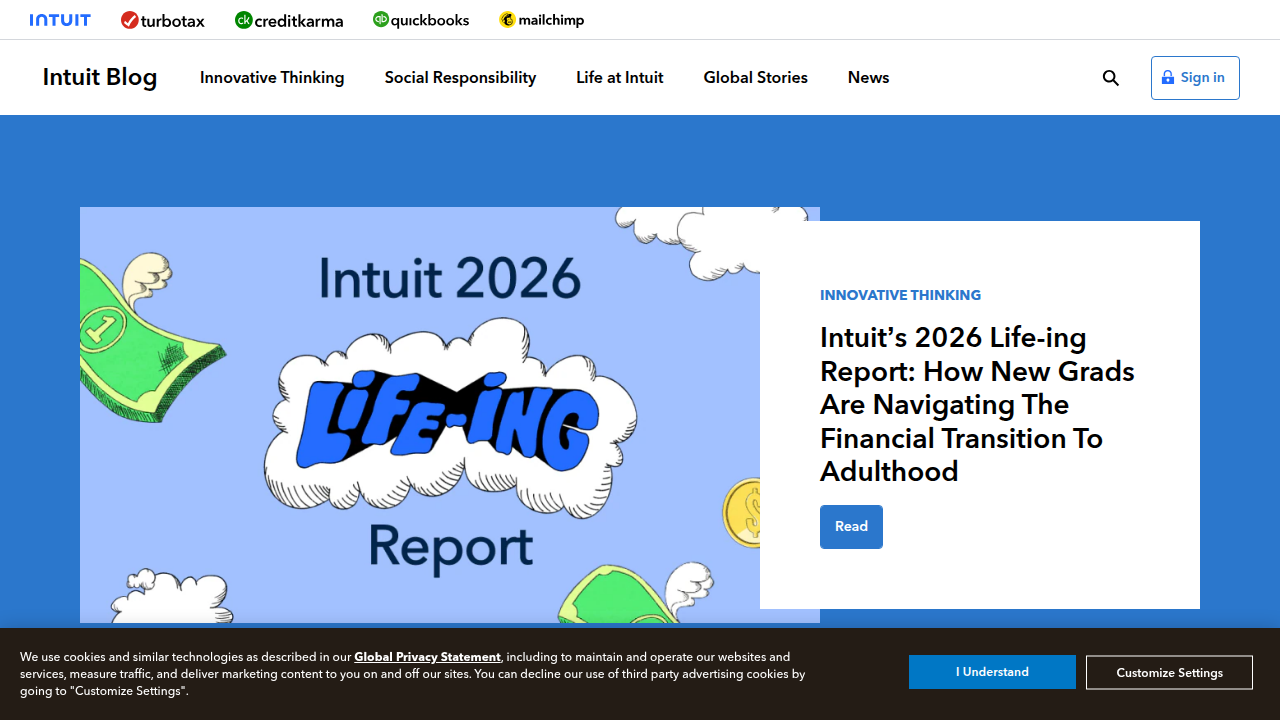 A screenshot of the Intuit blog homepage, a resource mentioned for understanding the core differences between computer science and software engineering.