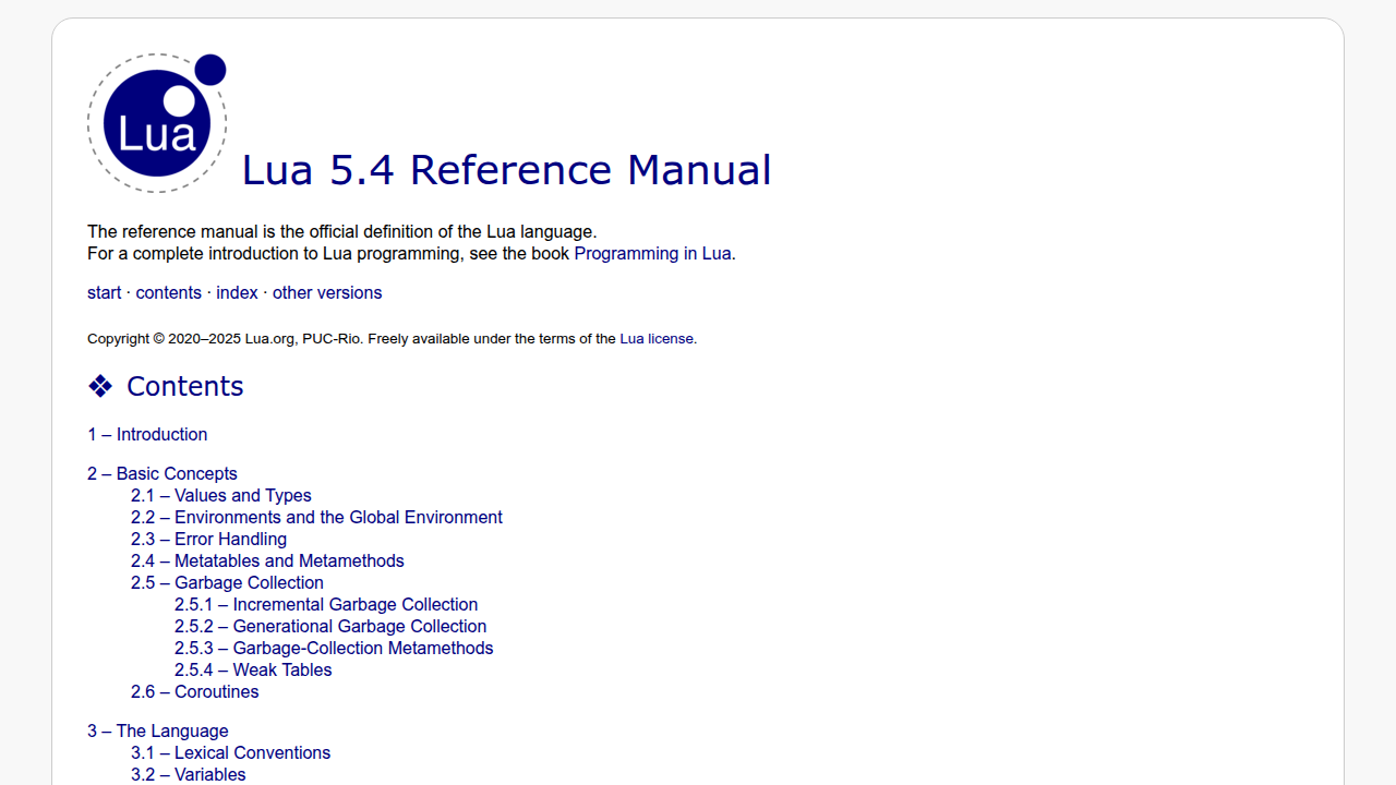 A screenshot of the official Lua 5.4 Reference Manual, a key resource for understanding Lua's syntax and core concepts.