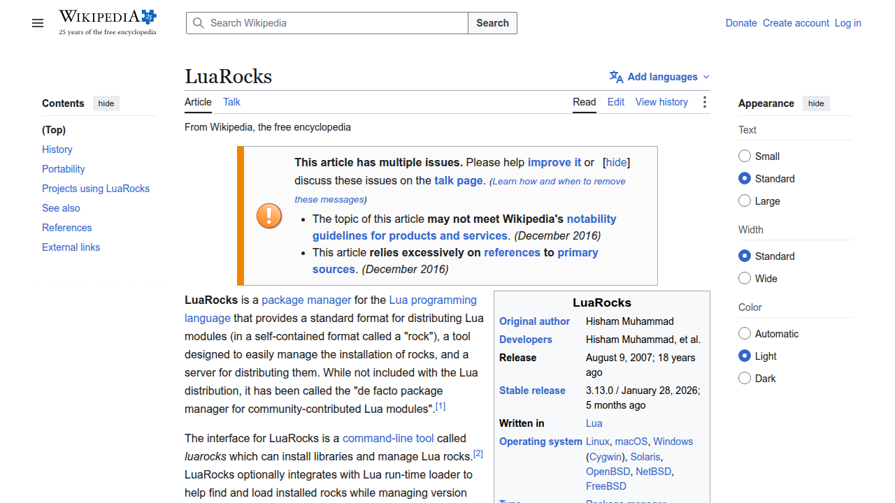 The Wikipedia page for LuaRocks, the leading package manager for the Lua programming language, showcasing its importance in the ecosystem.