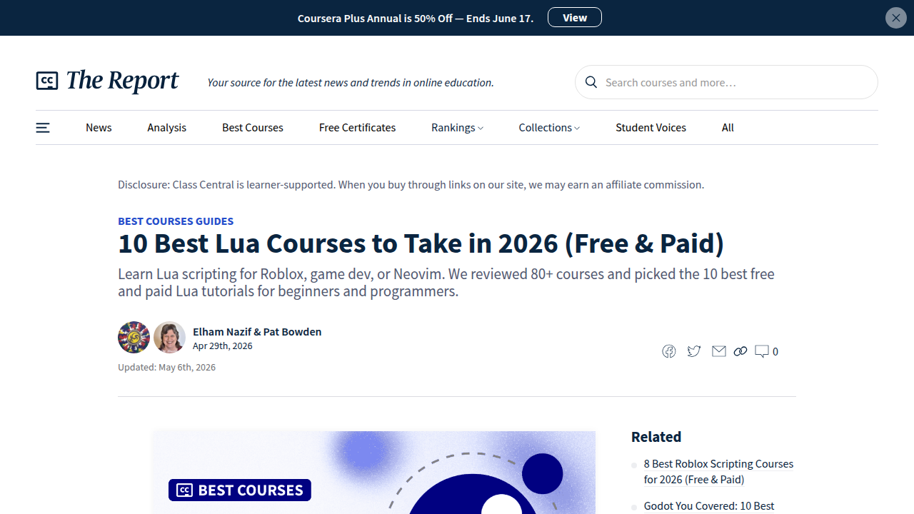 A screenshot of Class Central, an aggregator highlighting top-rated Lua courses for developers in 2026.