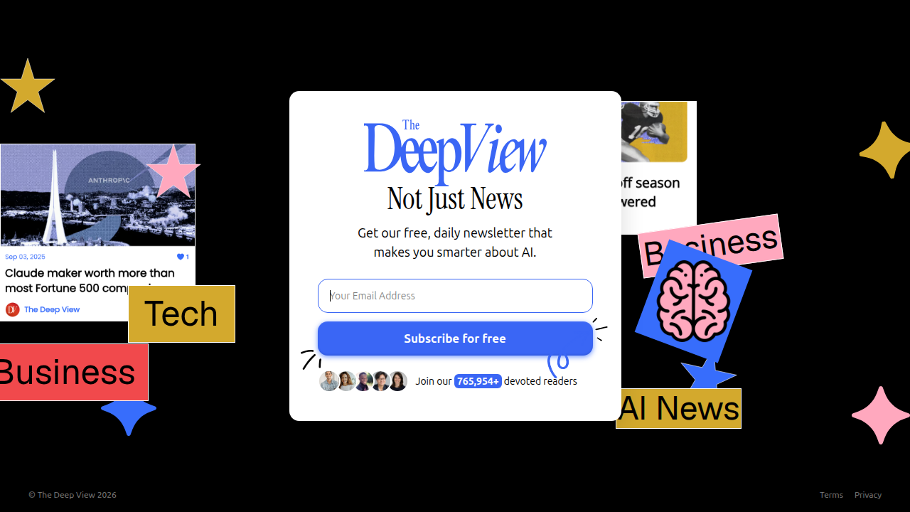 A screenshot of The Deep View Newsletter's subscription page, offering insights into AI's impact on software development.