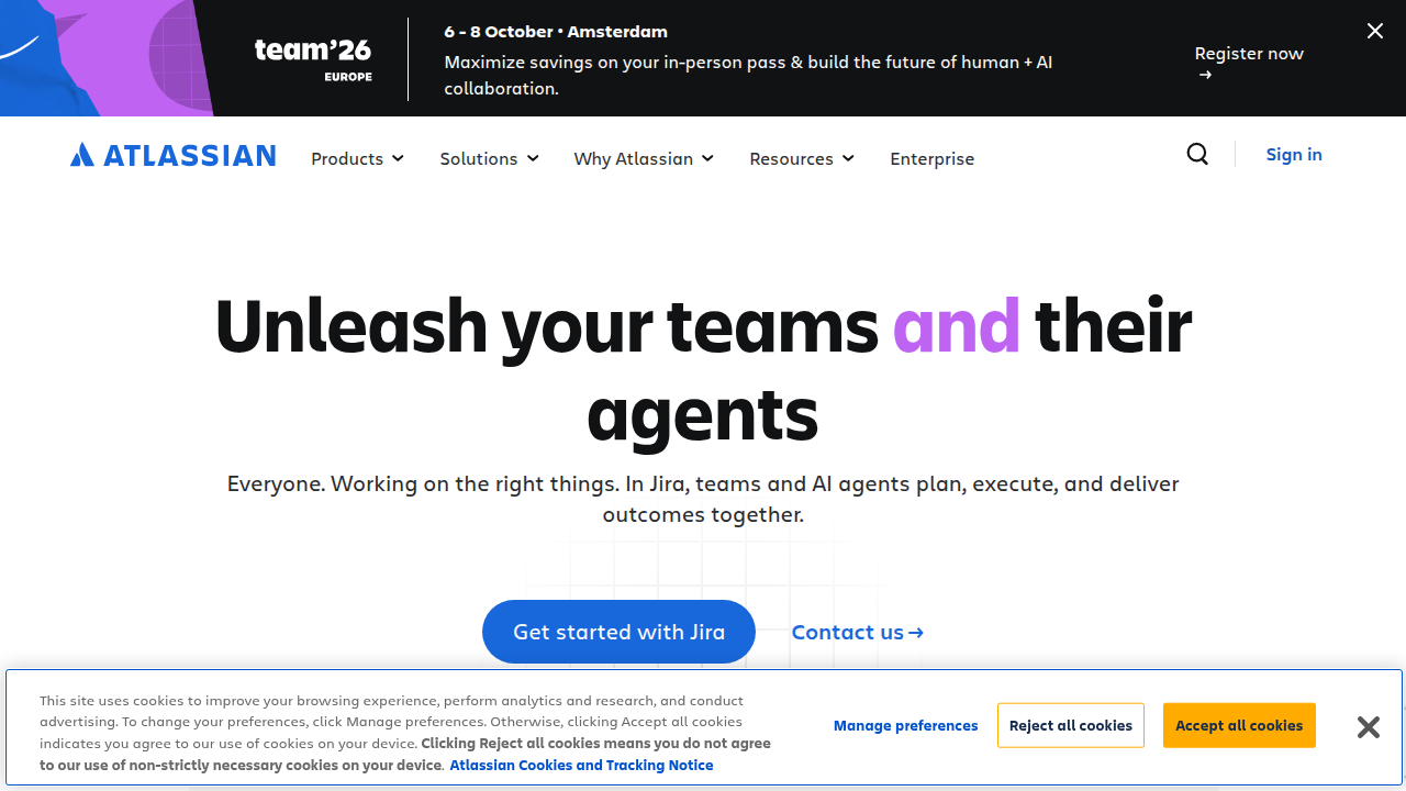A screenshot of Atlassian's homepage, a leading provider of tools for Agile project management.