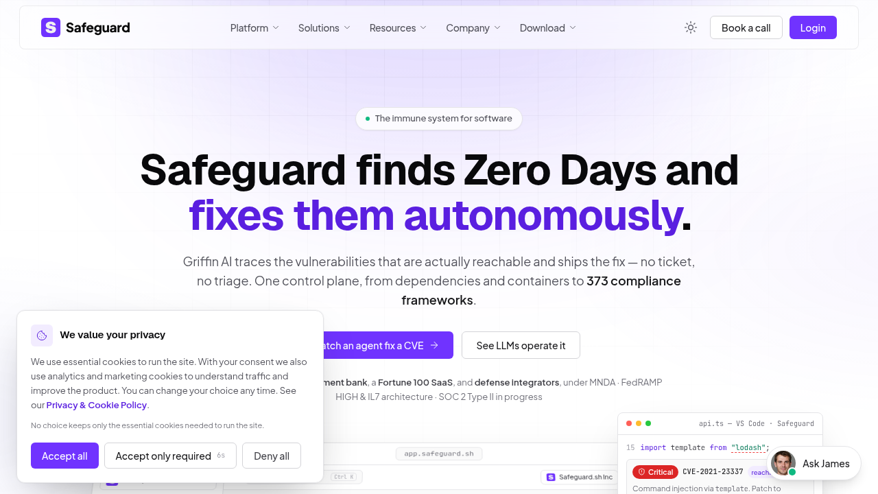 A screenshot of Safeguard.sh's homepage, highlighting solutions for AI code governance and security.
