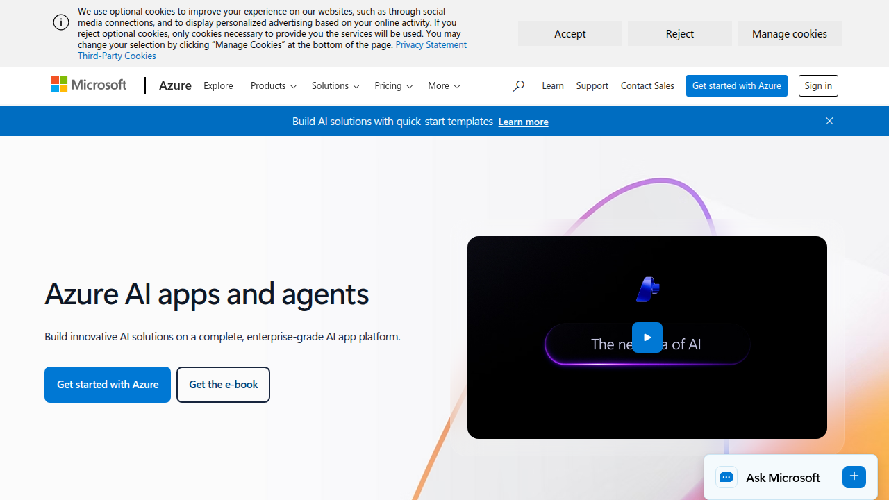 The Microsoft Azure AI solutions page, showcasing comprehensive services for AI development and deployment.