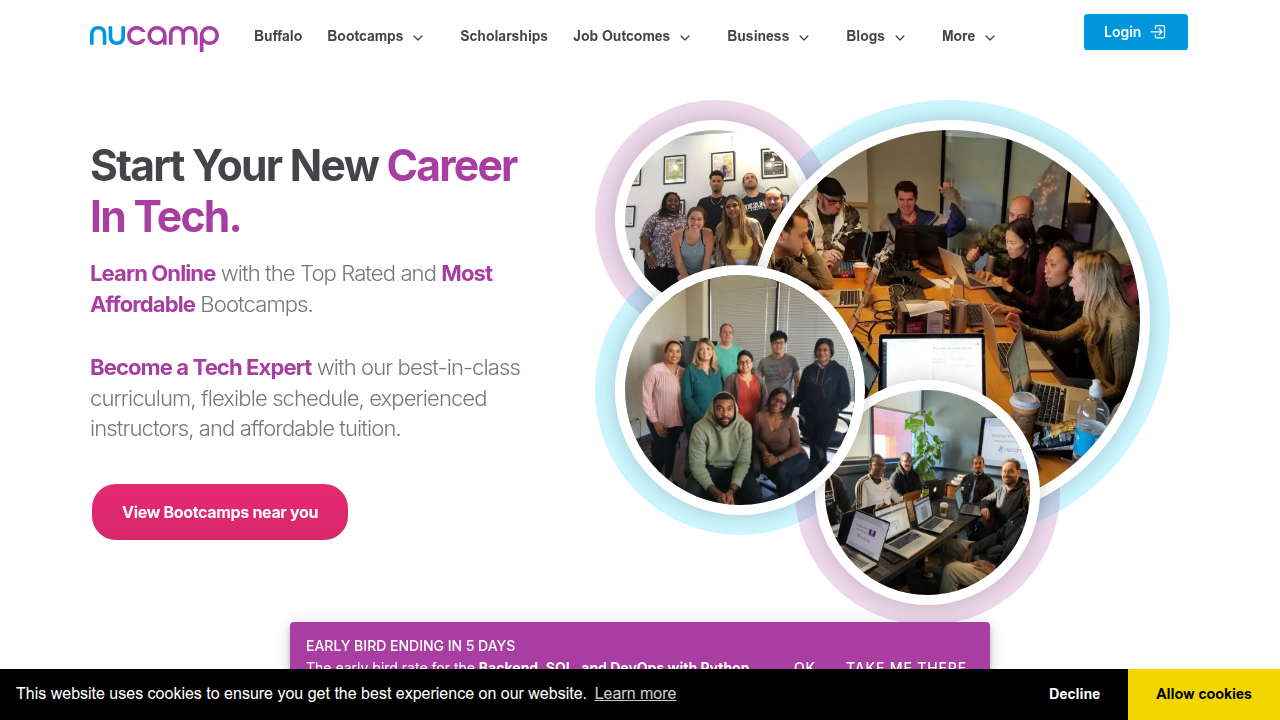 The Nucamp homepage, which provides resources including free AI courses and learning materials for developers.