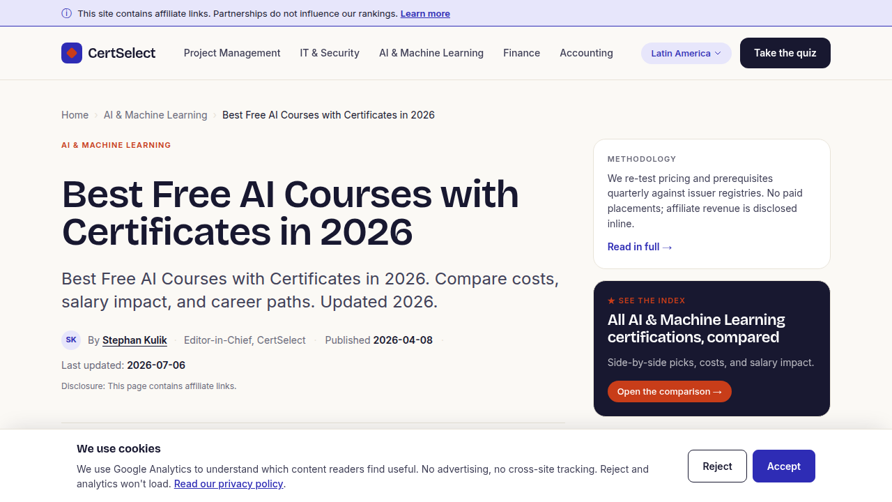 CertSelect's page for free AI courses with certificates, a platform mentioned for offering valuable learning resources.