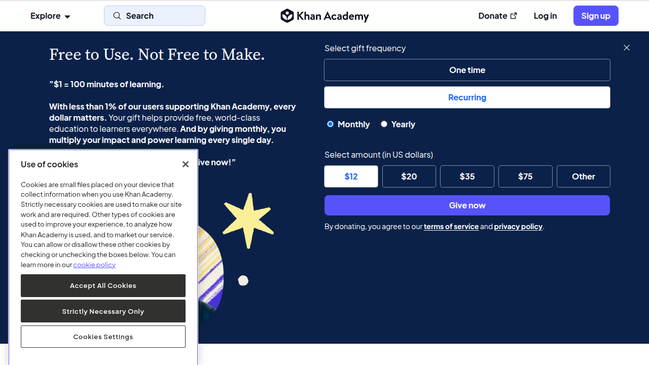 The homepage of Khan Academy, a prominent platform building and optimizing AI tutoring systems.