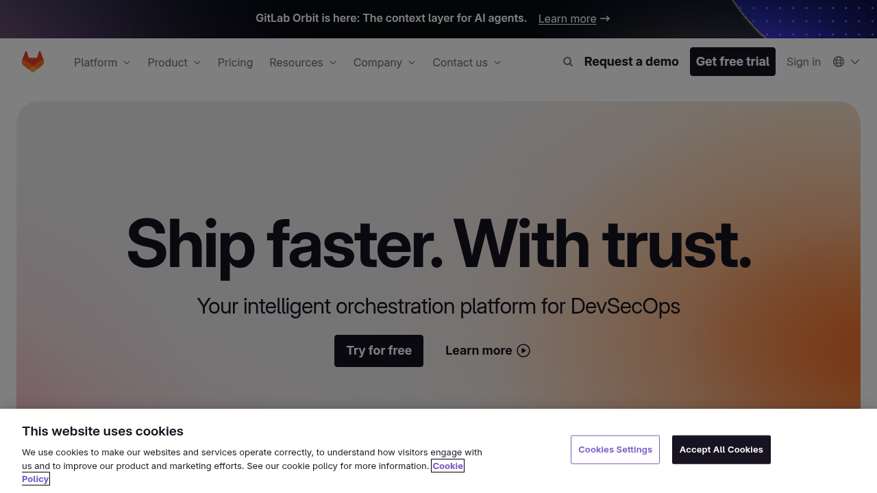 GitLab's website, showcasing their comprehensive DevOps platform for continuous integration and delivery.