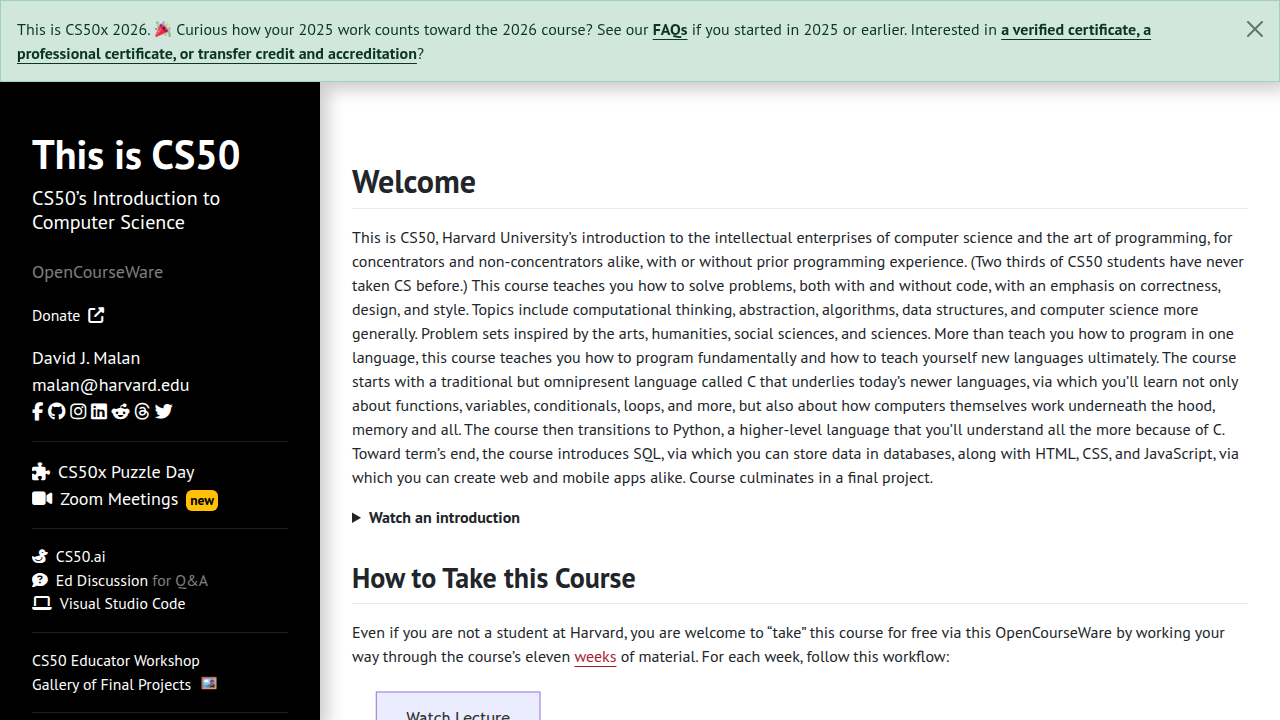 The official Harvard CS50 website, a gateway to the renowned Introduction to Computer Science course and its variants.