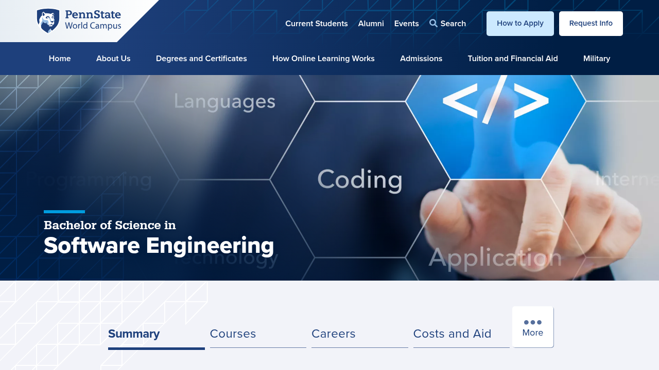 The program page for Penn State's online Bachelor of Science in Software Engineering, highlighting their degree offerings.
