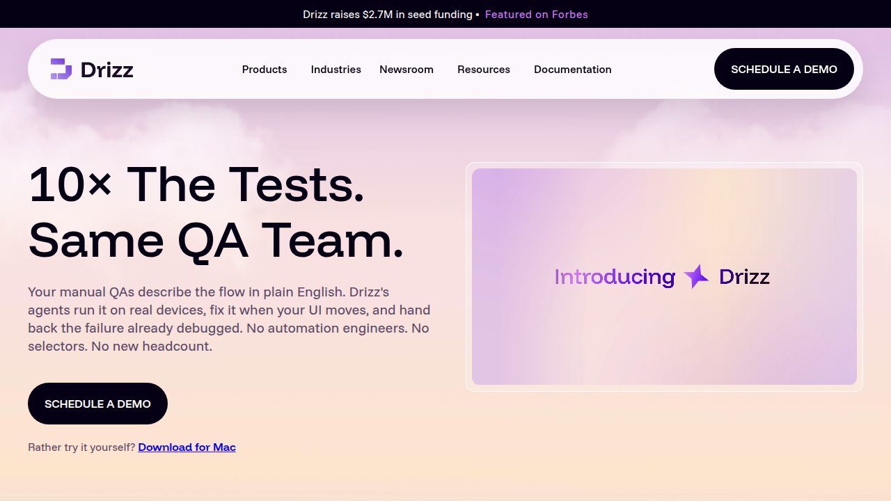 Drizz.dev website, a resource for mobile app performance testing and identifying bottlenecks.
