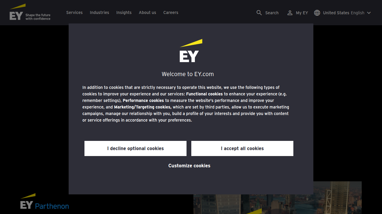 Screenshot of the EY website homepage, a source for insights on AI adoption and oversight.