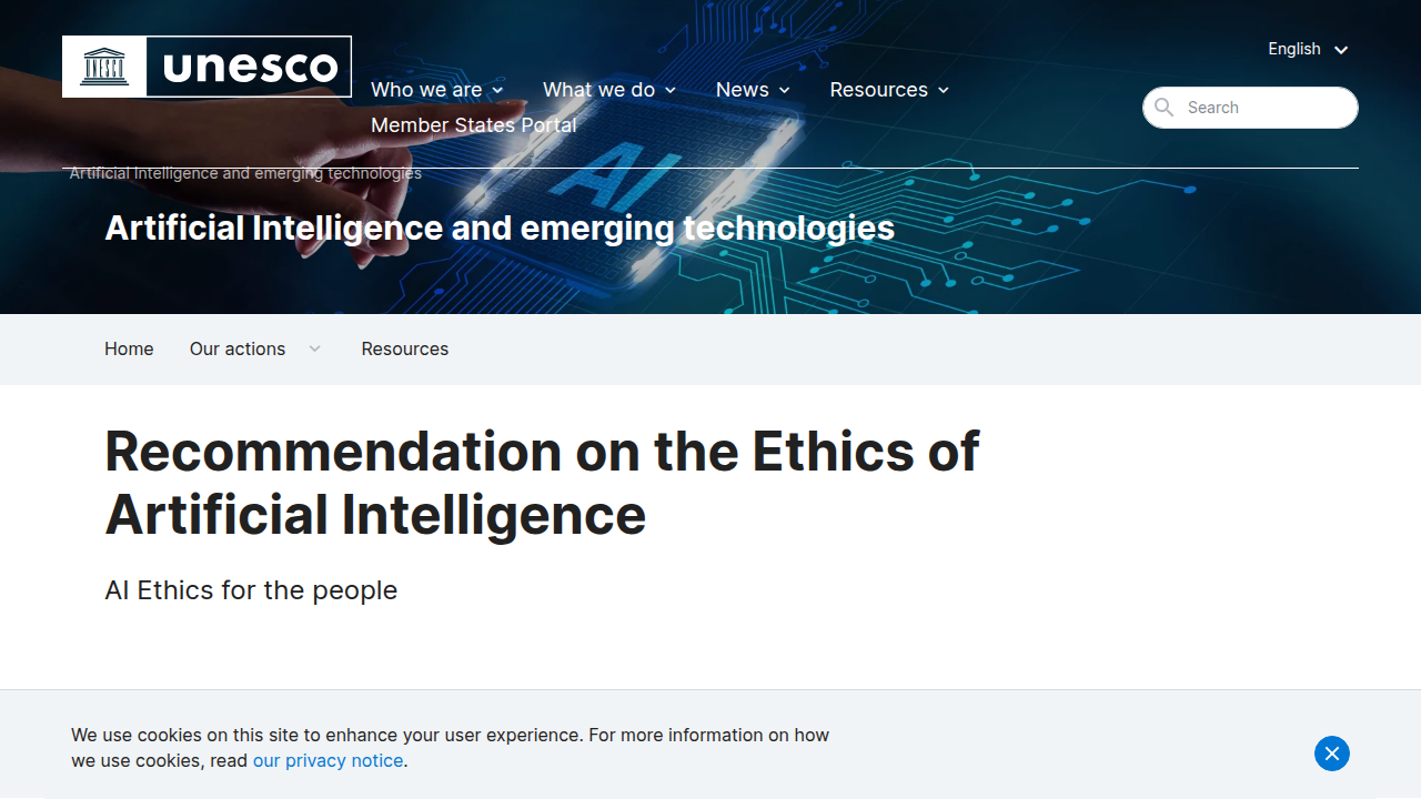 Screenshot of the UNESCO page detailing their Recommendation on the Ethics of Artificial Intelligence.