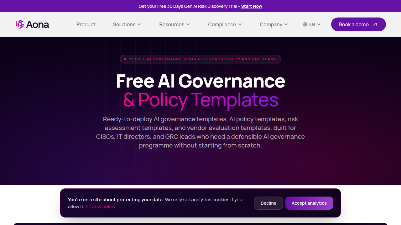 Screenshot of the Aona.ai resources page, offering templates for AI governance and policies.