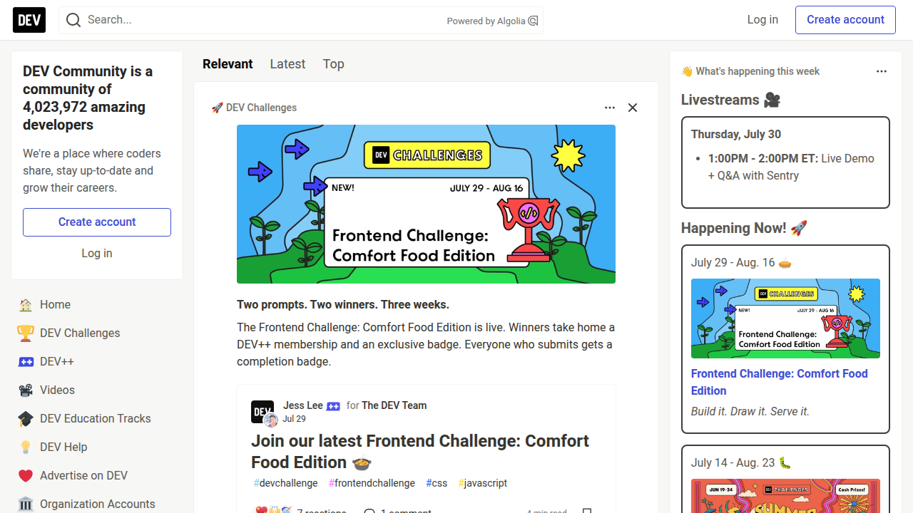 Screenshot of the Dev.to homepage, a popular platform for developer articles and discussions, including AI coding ethics.