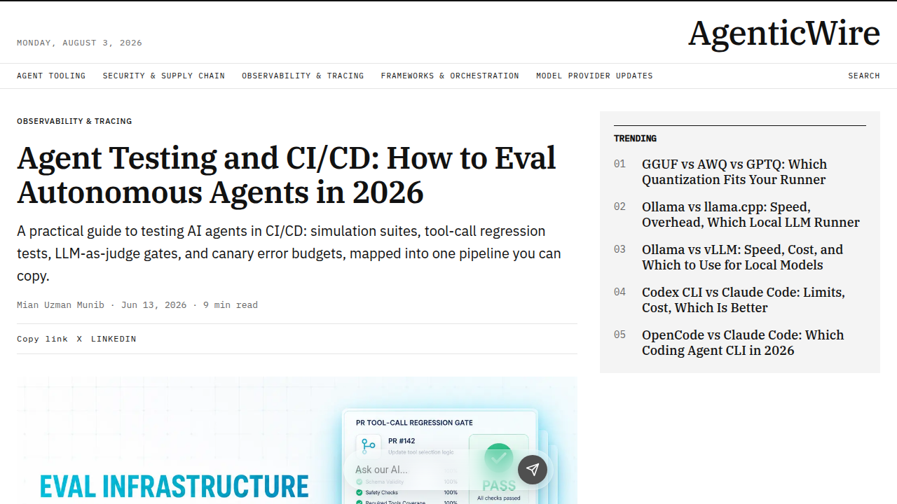 Agenticwire News covers articles related to agent testing within CI/CD pipelines.
