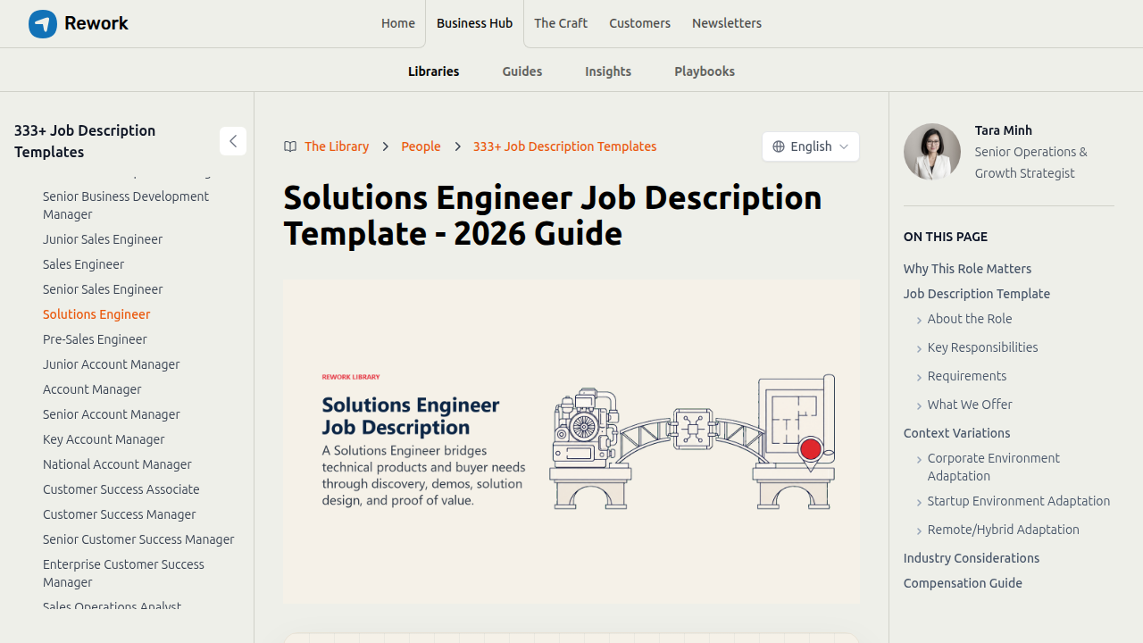An example of a Solutions Engineer job description template, outlining key responsibilities and qualifications for the role.