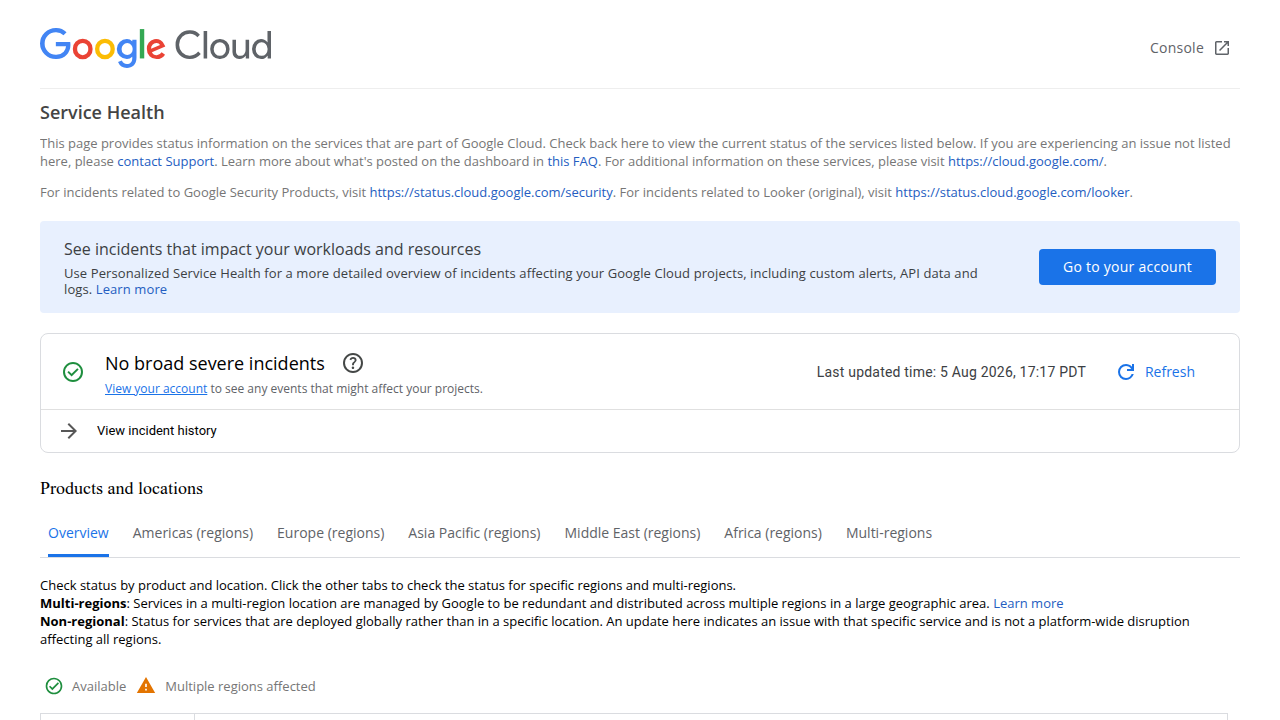 Monitor the real-time status and reliability of Google Cloud services to ensure API uptime and performance.