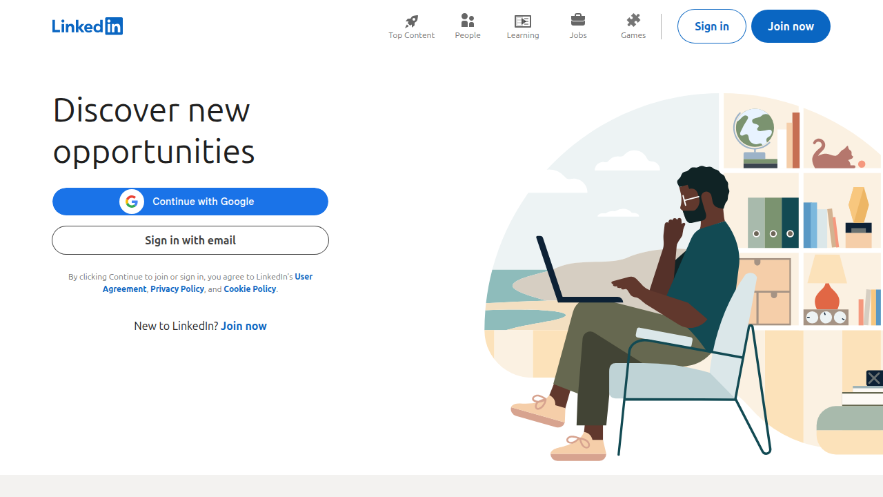 Screenshot of the LinkedIn homepage, a leading professional networking platform.