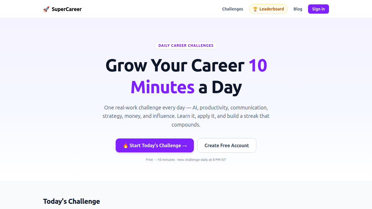 Screenshot of the Supercareer.co homepage, a platform offering career guidance and professional development content.