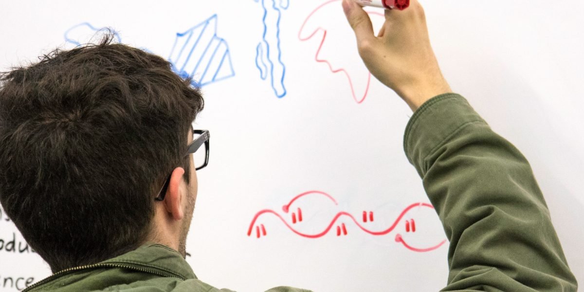 A person drawing ideas on a whiteboard, representing future planning and strategic thinking.