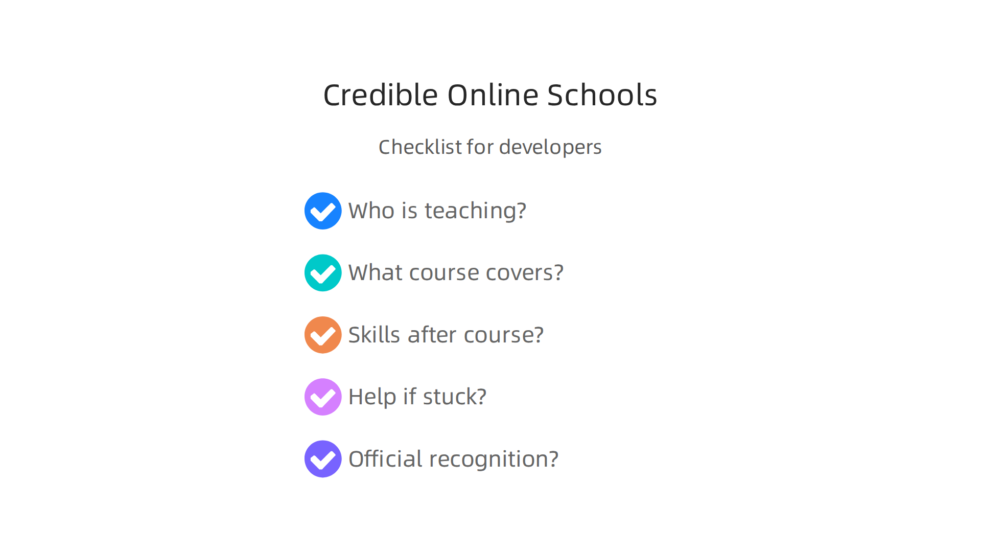 A checklist outlining key factors to evaluate when choosing a credible free online school for developers.